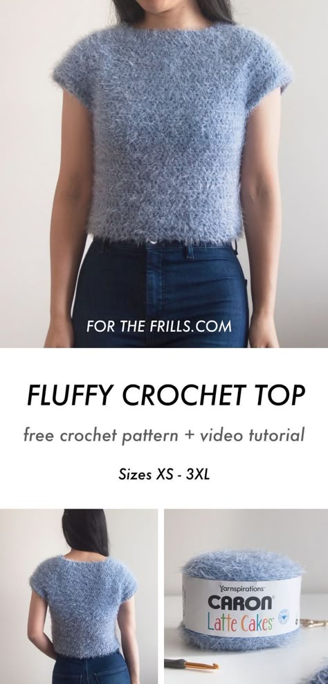 Easy Crochet Pullover Free Pattern, Crop Top Free Pattern, Fluffy Crop Top, Fuzzy Crochet, Crochet Fluffy, Fluffy Crochet, Crochet Tee, Gender Fluid Fashion, Crochet Crop Top Pattern