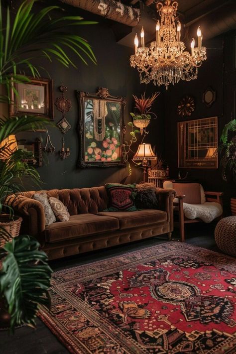 16 Dark Boho Living Room Interior Designs You Will Fall In Love With! - My Decor Inspo Hobbit Aesthetic Living Room, Dark Academia Aesthetic House Interior, Hobbit Inspired Living Room, Witchy Living Room Aesthetic, Dark Academia Dining Room, Hobbit Room, Dark Academia Living Room, Dark Academia Home Decor, Dark Academia Interior