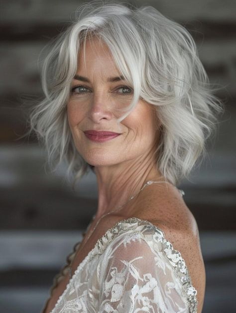 Top Haircuts for Women Over 60: Timeless Styles and Modern Twists Bobs For Older Women Over 50 Grey Hair, White Hair Styles Over 50, White Hair Older Women, Mid Length Grey Hair, Short White Hair Aesthetic, White Hair With Lowlights Older Women, 60 Year Old Hairstyles Short, Grey Bob Hairstyles Over 50, Hairstyles For 70 Year Old Women