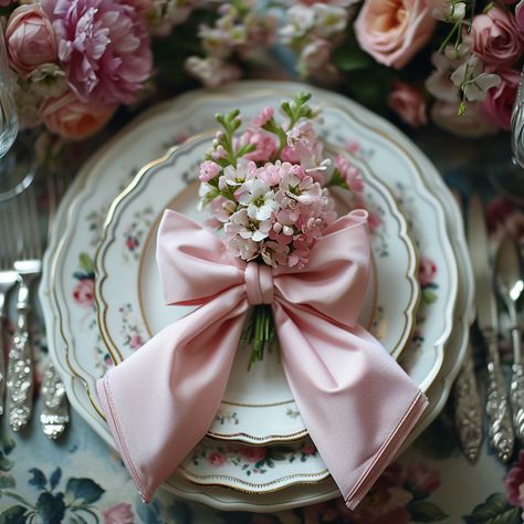 5 Chic Ways to Use Bows in Spring and Summer Place Settings - Ribbons or Napkins can be styled to create a lovely bow accent. Perfect for Regency Era / Bridgerton Tea Party Decor Tea Party Napkin Rings, Pretty Place Settings, Tea Party Seating Chart, Tea Cup Party Decorations, Regency Table Settings, Tea Cup Party Ideas, Bridgerton Wedding Table Setting, Regency Dinner Party, Bridgerton Inspired Tea Party