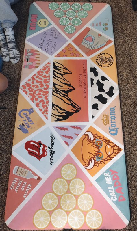 Aesthetic Table Painting, Ping Tables Painted, College Beer Pong Table Diy, Beer Pong Table Painted Western, Disney Beer Pong Table, Girly Painted Beer Pong Table, Custom Pong Table Ideas, Pong Table Inspo College, Painted Folding Tables College