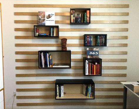 Wall storage on a French Cleat System. French cleats made out of 3/4" Birch Plywood finished on one side. Boxes were made out of 3/4" Birch Plywood finished on one side and applied Ebony stain color on unfinished side. French Cleat Cat Wall, French Cleat Shelves, French Cleat Closet, Cleat Wall Storage, Living Room Storage Wall, French Cleat Wall, Storage Decor Ideas, Cleat Storage, French Cleat Storage