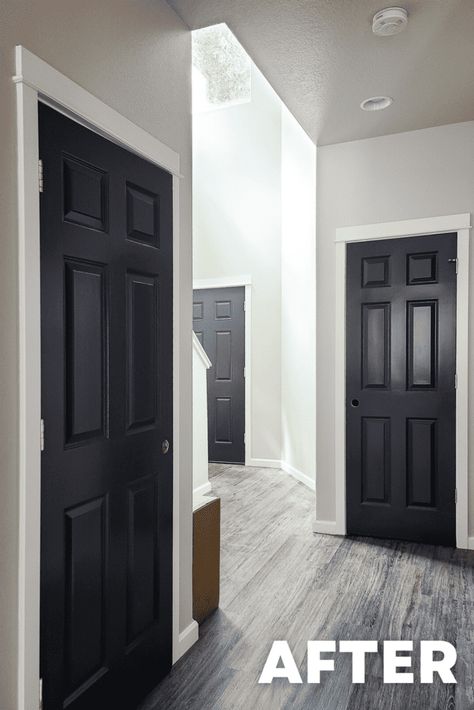 Farmhouse Interior Black Doors, Black Interior Doors With White Trim Grey Walls Paint Colors, Painted Office Doors, Peppercorn Doors, Charcoal Interior Doors, Urban Bronze Interior Doors, Hallway With Black Doors, Black Hallway Doors, Black Bedroom Doors