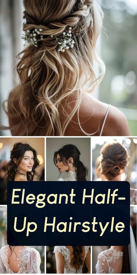 Discover the secret to effortless wedding hair! Learn how this stunning Half-Up, Half-Down style combines simplicity with elegance for a truly unforgettable look. Wedding Beach Hairstyles The Bride, Half Do Wedding Hairstyles, Boho Wedding Hair For Medium Length, Half Up Half Down With Braid Wedding, Beach Bridal Hair Half Up, Half Up Formal Hairstyles Medium, Half Up Dos For Long Hair Formal, Halfup Hairstyle For Long Hair Wedding, Half Hair Up Hairstyles For Wedding