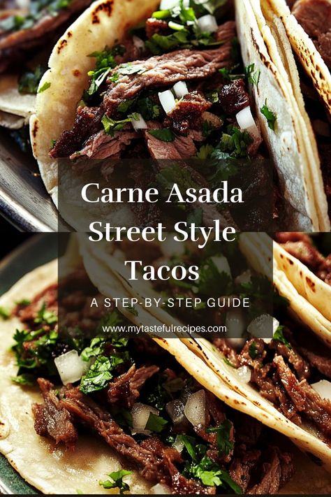 Get ready for a taco fiesta with these carne asada street style tacos! Marinated steak grilled to perfection, served in soft tortillas with all the fixings. Your taste buds will thank you! Street Style Tacos, Authentic Street Tacos, Carne Asada Street Tacos, Authentic Carne Asada, Asada Street Tacos, Mexican Street Tacos, Street Tacos Recipe, Carne Asada Recipe, Carne Asada Steak