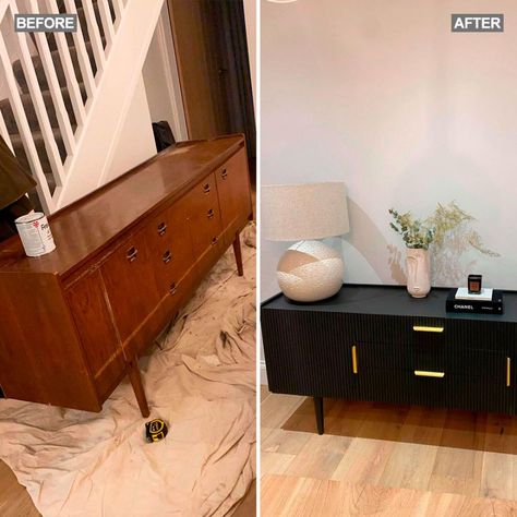 DIY novice upcycles sideboard to create a stunning good as new piece! Black Sideboard Upcycle, G Plan Upcycled, Upcycled G Plan Furniture, Black Upcycled Furniture, Furniture Moulding, Black Furniture Paint, Upcycled Sideboard, Diy Kast, Flipped Furniture