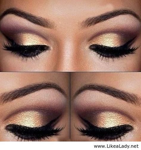 MAKEUP: Gold eye makeup- like the colors just needs to be blended more and less of the dark shadow and thicker eye liner. Small Eyelids, Smokey Eyes Tutorial, Gold Eyeliner, Gold Smokey Eye, Gold Eye Makeup, Makeup Tip, Smokey Eye Tutorial, Gold Eyeshadow, Beauty Make-up