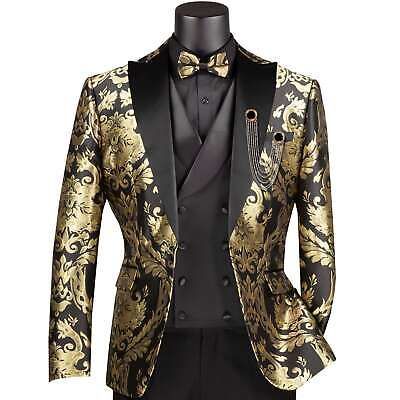 Trendy Fashion VINCI Men's Black & Gold Modern Fit 3pc Tuxedo Suit w/ Matching Bow-Tie NEW, Mens Clothing Mens Ballroom Suit, Black And Gold Suit Men Prom, Black And Gold Suit Men, Gold Suit Men, Black And Gold Quinceanera, Black White Gold Wedding Theme, Gold Tux, Gold Tuxedo Jacket, Black And Gold Suit