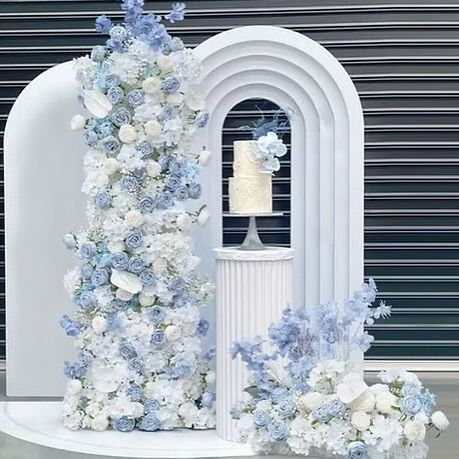 Wedding Decorations Flowers Backdrops, Light Blue Sweet 16 Centerpieces, Blue Photobooth Backdrop, Blue And White Bridal Shower Backdrop, White And Blue Decorations Party, Blue And White Photo Backdrop, Greyish Blue Wedding Theme, Something Blue Backdrop, Engagement Party Blue And White