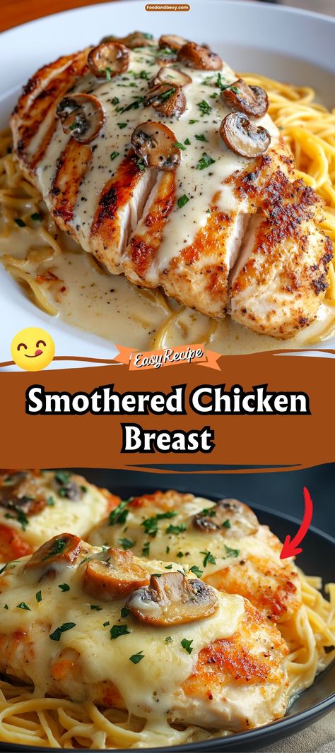 Best Smothered Chicken Breast via @recipesforfamily12 Good Comfort Food Recipes, Food Recipes Family, Recipes For Already Cooked Chicken, Supper Recipes For Two, Smothered Chicken With Creamed Spinach Mushroom Sauce, How To Cook Moist Chicken Breast, Healthy Dinner Meals For Family, Muenster Chicken Recipe, Easy Dinner With Mashed Potatoes