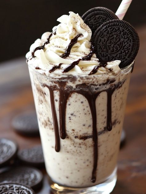 Creamy Cookies & Cream Frappuccino 🍫  📝 Ingredients:  🧊 2 cups of ice 🥛 1 cup of milk 🍬 2 tablespoons of sugar 🍦 ½ teaspoon of vanilla extract 🍪 8 Oreo cookies 🍫 2 tablespoons of chocolate syrup 🍰 Whipped cream (for topping) 🍪 Extra Oreo cookies (for garnish) 👩‍🍳 Directions:  🌀 Blend the ice, milk, sugar, vanilla, and Oreo cookies until smooth and creamy. 🍫 Drizzle chocolate syrup inside a serving glass. 🥤 Pour in the frappuccino mixture. Ice Blended, How To Make Oreo Milkshake, Orea Milkshake Recipes, Oreo Cookie Milkshake Recipe, Cookies N Cream Milkshake Recipe, Creamy Oreo Milkshake, Oreo Shake, Oreo Milkshake, Ice Milk