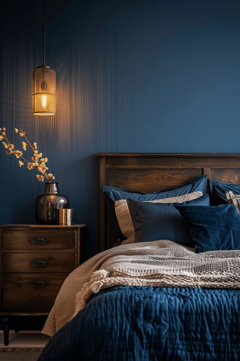 29 Moody Bedroom Retreats 1 Moody Blue Master Suite, Dark Green Blue Bedroom, Deep Blue Bedroom Ideas, Dark Blue Walls Bedroom, Small Blue Bedroom, Deep Green Bedroom, Bedroom Color Palette Ideas, Waterfront Townhouse, Deep Blue Bedroom