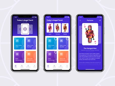 Tarot App, Horoscope Design, Angel Tarot Cards, Card Ui, Ui Ux App, Angel Tarot, The Hanged Man, Moon Calendar, Tarot Major Arcana