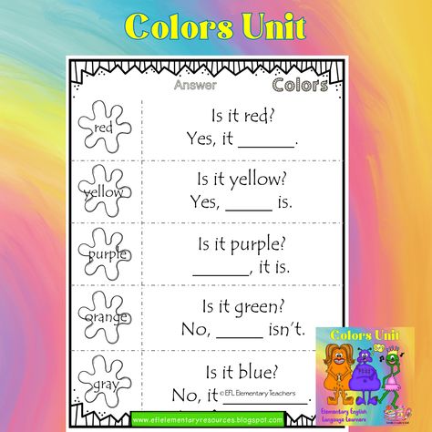 Ask Yes/ No questions using the colors flashcards. Have students nod their heads when they answer with yes and shake their heads when they answer with no. Teacher: Is it blue? Students: Yes, it is. /No, it isn’t. Use the worksheet to practice the structures. Elementary Special Education Activities, Yes No Questions, English Teacher Resources, Color Flashcards, Esl Teaching Resources, Special Education Activities, Special Education Elementary, English For Beginners, Esl Activities