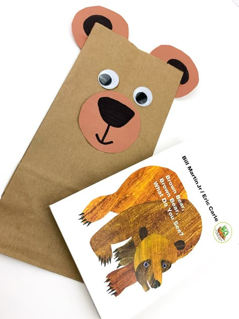 Grab your brown bag and make this adorable Brown Bear Paper Bag Craft! It's the perfect craft to do while reading the book Brown Bear, Brown Bear, What Do You See? With only a handful of supplies this craft is so easy and fun. Brown Paper Bag Crafts Preschool, Brown Bear Paper Bag Craft, Brown Paper Bag Puppets, Color Brown Crafts Preschool, Paper Bag Bear Craft, Brown Bear Book Activities, Paper Bag Crafts For Toddlers, Paper Bag Crafts For Preschoolers, Bear Crafts For Toddlers