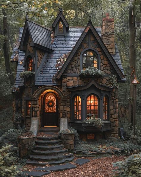 Witch Home Exterior, Woodland Cottage House Plans, Witch Castle Aesthetic, Witchy Country House, Home Conservatory Greenhouse, Small Gothic Home Exterior, Grunge Houses Exterior, Spooky Cottage Core Aesthetic, Gothic Cottage Core Aesthetic