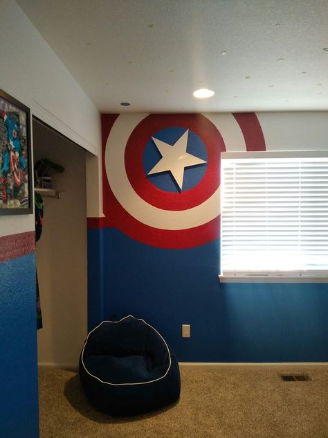 Marvel Playroom Ideas, Marvel Room Paint Ideas, Marvel Accent Wall, Captain America Room Ideas Boy Bedrooms, Avenger Room Ideas, Captain America Room, Marvel Bedroom Ideas, Avengers Themed Bedroom, Captain America Bedroom