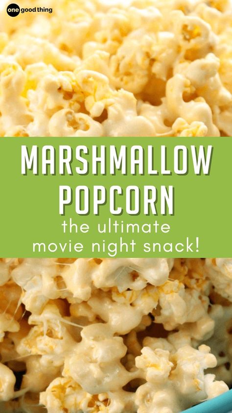 Buttery popcorn meets gooey marshmallows in this simple but satisfying treat. Movie night, anyone? Movie Night Snacks Healthy, Movie Night Desserts, Family Movie Night Snacks, Buttery Popcorn, Popcorn Recipes Easy, Marshmallow Popcorn, Movie Night Food, Popcorn Mix, Movie Night Popcorn