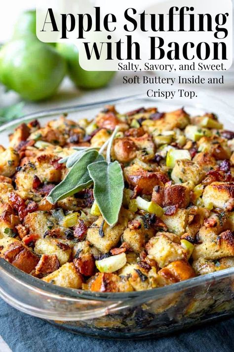 A super flavorful stuffing recipe filled with buttery bread cubes, granny smith apples, salty bacon, fresh herbs and plenty of butter. Perfect for your holiday menu! Stuffing Apple, Leftover Stuffing Recipes, Classic Stuffing Recipe, Leftover Stuffing, Best Stuffing Recipe, Classic Stuffing, Apple Stuffing, Sprouts Recipes, Thanksgiving Stuffing Recipes