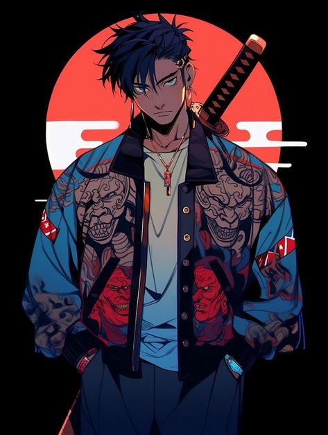 Japanese Cyberpunk Character Art, Cyberpunk Guy Art, Yakuza Character Design, Cyberpunk Character Art, Urban Samurai, Bd Art, Boy Illustration, Man Illustration, Cyberpunk Character