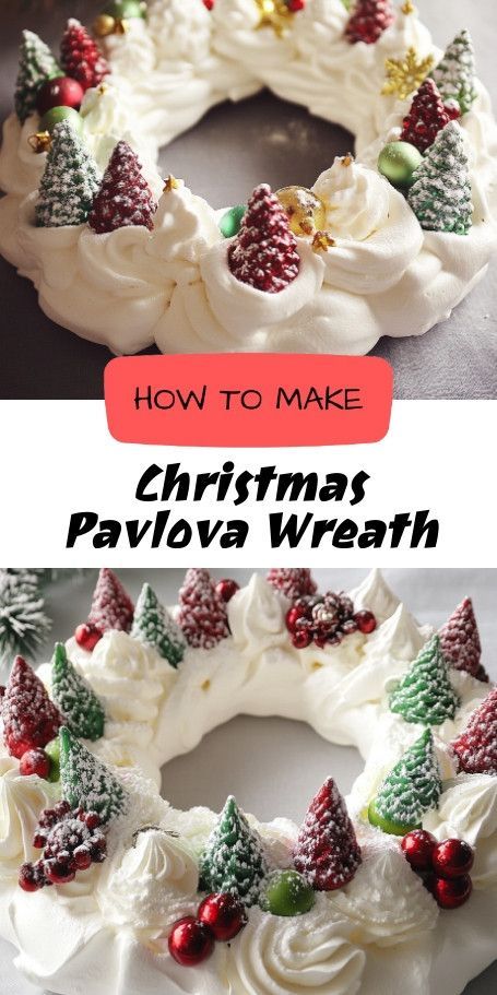 Festive Christmas Pavlova Wreath Recipe - A Holiday Dessert Showstopper Discover how to make a stunning Christmas Pavlova Wreath with light meringue and fresh fruits. Perfect as a festive holiday centerpiece, this dessert is both visually appealing and delicious! Christmas Pavlova Ideas, Elegant Christmas Desserts, Christmas Wreath Dessert, Christmas Pavlova Recipe, Christmas Pavlova Wreath, Pavlova Toppings, Christmas Meringue, Christmas Fun Food, Pavlova Wreath