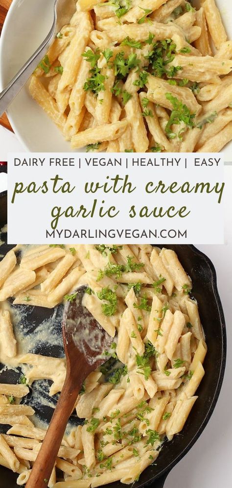 Banza Pasta Recipes Dairy Free, Vegan Garlic Pasta Sauce, Vegan Creamy Garlic Sauce, Whole30 Pasta Sauce, Whole 30 Pasta Sauce, Healthy Creamy Pasta Sauce, Vegan Penne Pasta Recipes, Creamy Vegan Pasta Sauce, Aip Pasta Sauce