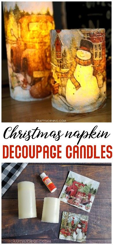 DIY christmas napkin Decoupage candles. Fun christmas craft to make home decor for cheap. Fun vintage red truck napkins make for beautiful christmas DIY project. How to decoupage candles with mod podge. Christmas Napkin Decoupage, Diy Christmas Napkins, Decoupage Candles, Diy Natal, Craft To Make, Vintage Christmas Crafts, Christmas Napkin, Christmas Crafts To Sell, Candles Christmas