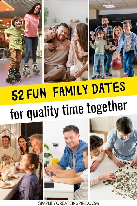 These family date night ideas will have you making special memories every single week with your nearest and dearest! That’s why starting a family date night tradition is a wonderful way to be intentional with this time spent together. We've put together 52 fun family date nights for you to try so you have one for every week of the year, or plan your family night once a month instead if it fits better into your schedule. Family date ideas. Things to do with family at night. Fun Ideas For Family Night, Monthly Family Date Ideas, Friday Family Night Ideas, Family Date Night Ideas At Home, Family Night Ideas With Toddlers, Family Fun Ideas Things To Do, Fun Things To Do As A Family, Things To Do As A Family, Family Activity Ideas