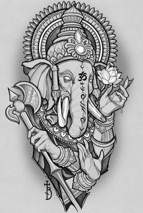 Ganesha Tattoo Design For Men, Hindu God Tattoo, Ganesha Art Sketch, Hindu Mythology Tattoo, Arte Ganesha, Kali Tattoo, Hindu Tattoos, Ganesh Tattoo, Hindu Tattoo