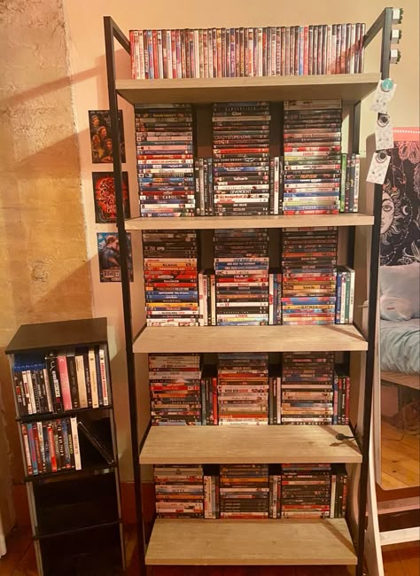 dvd collection + blu-ray collection Dvd Collection Display, Art Room Storage, Dvd Display, 90s Room, Kirsten Vangsness, Blu Ray Collection, Physical Media, Dream Bedrooms, Dvd Collection