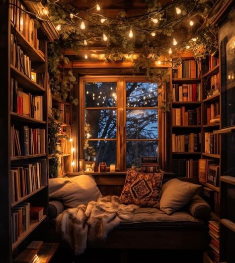 Small Book Nook Ideas, Attic Library, Cozy Home Library, Home Library Rooms, Nook Ideas, Home Library Design, Reading Nooks, Space Room, Dream House Rooms