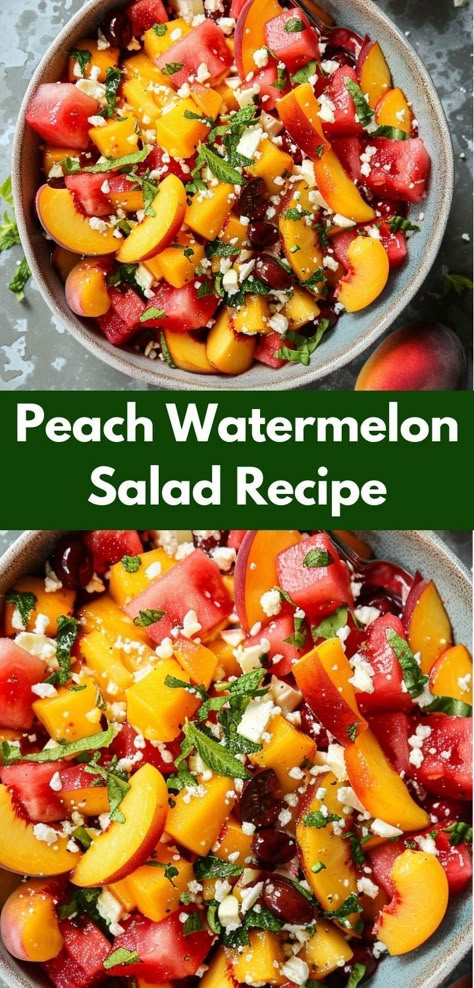 How about a sweet and savory salad? This peach watermelon salad recipe is ideal. Combining fresh peaches and watermelon, it's perfect for peach salad recipes and watermelon salads fans. Gourmet Salad Recipes, Peach Salad Recipes, Fresh Peach Recipes, Watermelon Salad Recipes, Gourmet Salad, The Perfect Salad, Salad Recipe Ideas, Perfect Salad, Feta Recipes