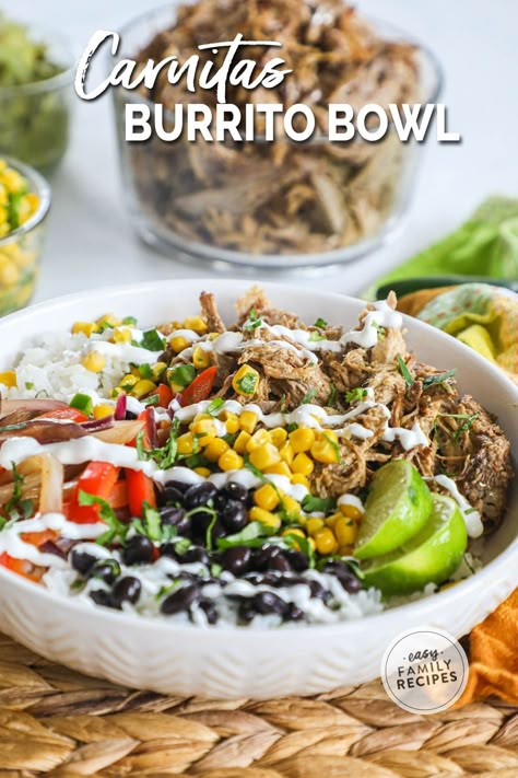 Tastes better than your favorite Chipotle bowl! Pork carnitas bowls are full of flavor and better than takeout. Use left over flavorful, slow cooker pork, cilantro lime rice, and prepped toppings for a super easy and super quick meal. Easy clean up, one pan cooking, and totally customizable toppings make this an instant win for any family. This pork dinner idea is the easiest dinner recipe that you can make on a busy night. Pork Carnitas Burrito Bowls, Shredded Pork Meal Prep, Pulled Pork Taco Bowl, Pork Chipotle Bowl, Shredded Pork Burrito Bowl, Cuban Pork Bowl Recipe, Pull Pork Bowl, Dinner Ideas With Shredded Pork, Carnitas Recipe Leftover