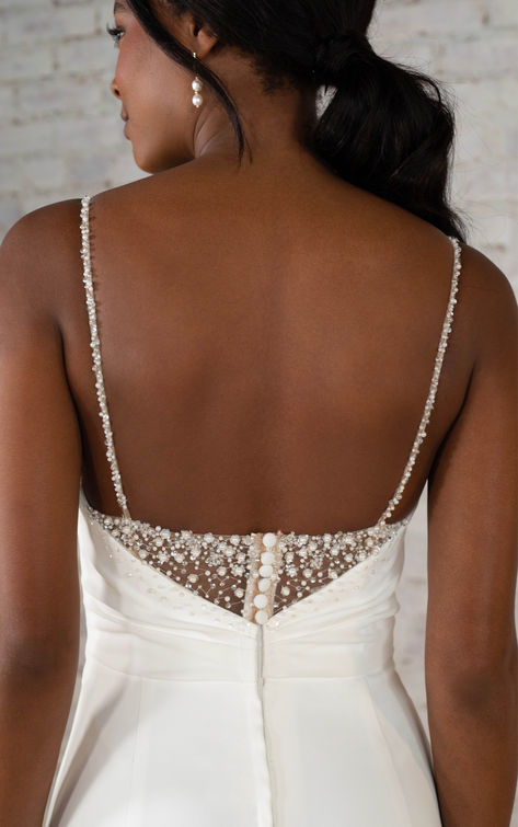 Wedding Dresses With Pearls On Back, Wedding Dresses With Back Detail, Satin Wedding Dress With Detail, Pearl Simple Wedding Dress, Classic Wedding Dress Backless, Wedding Gown Details, Jimmie Huang Bridal, Simple Wedding Dress With Beading, Pearl Spaghetti Strap Wedding Dress