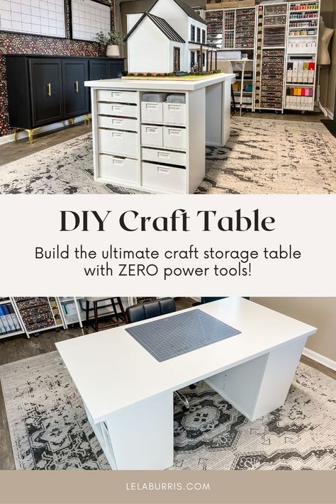 craft storage table tutorial no power tools Diy Craft Table With Storage, Large Craft Table, Diy Storage Desk, Diy Craft Table, Craft Table Ikea, Basement Craft Rooms, Office Craft Room Combo, Craft Room Desk, Craft Tables With Storage