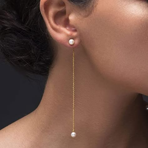 Front To Back Earrings, Elegant Long Earrings, Stud Piercing Ear, Pearl Earrings Handmade Ideas, Dangly Pearl Earrings, Bridal Long Earrings, Long Earrings Wedding, Dangling Pearl Earrings, Earring Design Ideas