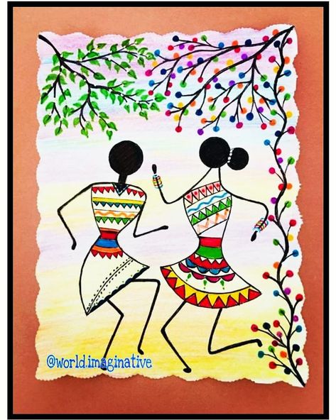 Colourful Warli Painting, Madhubani Easy Art, Worli Painting Designs Easy, Varli Painting Art Simple, Madhubani Art Easy And Simple, Simple Warli Art, Madhubani Art Simple, Easy Folk Art Painting, Madhubani Drawing Easy