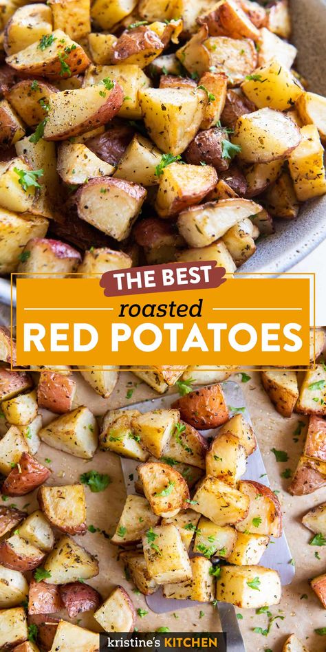 The BEST Oven Roasted Red Potatoes! This easy recipe makes perfect roasted potatoes that are crispy on the outside and soft and fluffy in the middle. A favorite side dish! Red Potatoes Oven, Roasted Red Skin Potatoes, Baked Red Potatoes, Oven Roasted Red Potatoes, Cooking Red Potatoes, Red Potato Recipes, Recipes Sides, Roasted Red Potatoes, Oven Roasted Potatoes