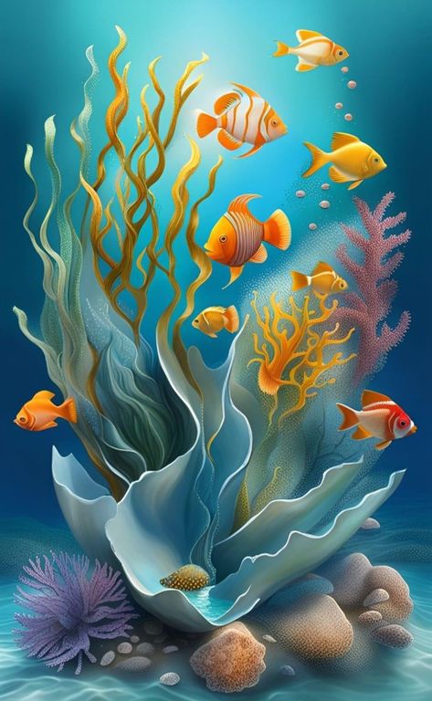 Ocean Creatures Art, Coral Reef Art, Ocean Art Painting, Underwater Wallpaper, Sea Creatures Art, Wild Animal Wallpaper, Underwater Painting, Sea Life Art, Underwater Art