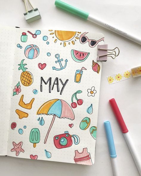 25 Bullet Journal Monthly Cover Ideas for May 2021 - Beautiful Dawn Designs Month Drawings, May Bullet Journal Cover, May Cover Page, Monthly Cover Ideas, Bullet Journal Cover Page Ideas, Homemade Calendar, Journal Cover Page Ideas, Bullet Journal Essentials, Holiday Journal