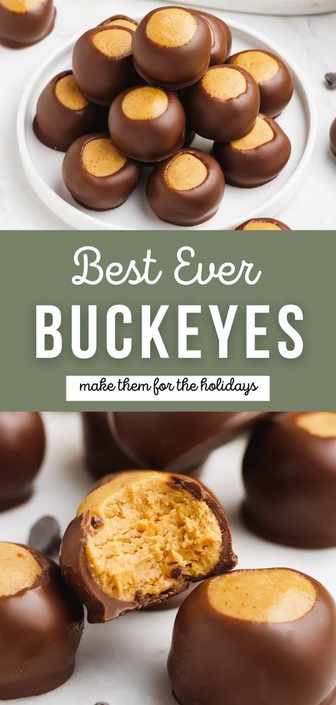 A perfect marriage of peanut butter and chocolate make Ohio-famous Buckeyes a no-bake masterpiece. Similar to Peanut Butter Balls, Buckeyes are made with creamy peanut butter, sweet powdered sugar and butter, rolled into balls and partially dipped into melted chocolate, leaving just a little bit of peanut butter exposed – making them look just like real buckeyes. Buckeyes Recipe, Peanut Butter Dessert Recipes, Ruby Chocolate, Peanut Butter Balls Recipe, Christmas Baking Recipes, Butter Balls, Chocolate And Peanut Butter, Peanut Butter And Chocolate, Homemade Sweets