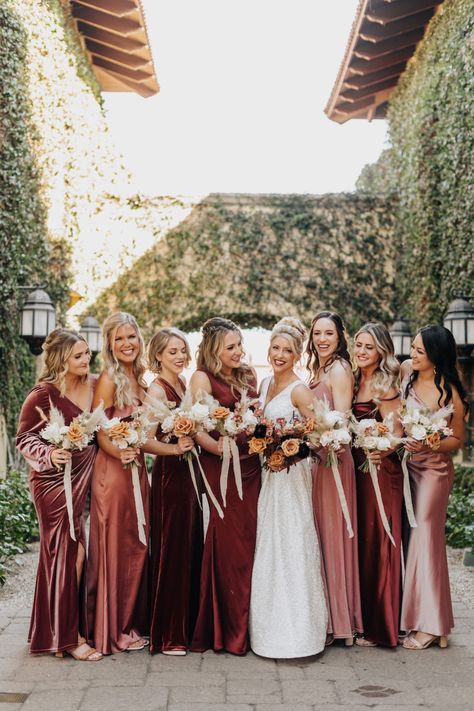 Burgundy Shades Bridesmaid Dresses, Fall Pinks Wedding, December Bridal Party, Bridesmaid Colors Fall, Fall Maroon Wedding, Rust And Wine Wedding, Red And Mauve Wedding, Fall Wedding Burgundy Bridesmaid Dresses, Deep Rose Bridesmaid Dress