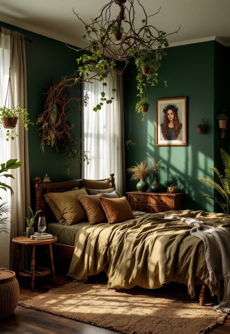 Boho Witchy Bedroom Dark Forest Aesthetic Bedroom, Forest Aesthetic Bedroom, Boho Witchy Bedroom, Forest Themed Bedroom, Witchy Bedroom Ideas, Hanging Ivy, Witchy Bedroom, Woodland Bedroom, Natural Wood Accents