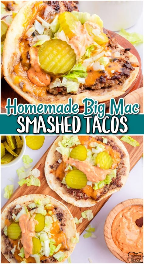 Big Mac Tostadas, Big Mac Quesadilla Recipe, Smashed Burgers On Tortillas, Big Mac Smash Burger, Smashed Tacos, Smash Burger Tacos, Big Mac Tacos, Mcdonald's App, Smashed Burgers