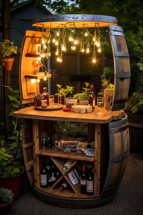 Diy Wine Barrel Ideas Projects, Whiskey Barrel Bar Ideas, Wine Barrel Bar Ideas, Barrel Bar Ideas, Barrel Decor Ideas, Barrel Table Ideas, Outdoor Wine Bar, Wine Barrel Lighting, Corner Wine Bar