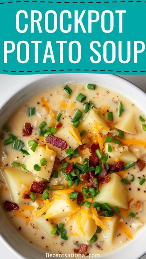 Cheesy Crockpot Potato Soup for a rich and comforting meal! This recipe combines tender potatoes with a creamy, cheesy broth for a soup that's perfect for any occasion. Ideal for family dinners and gatherings, this soup is sure to be a hit with everyone. With easy preparation and slow cooker simplicity, you can enjoy a delicious, homemade meal without the hassle. Save this pin for a cheesy crockpot potato soup recipe that will become a new favorite. Minimal Ingredient Crockpot Recipes, Baked Potato Soup Crock Pot, Potato Soup Crockpot Recipes, Potato Soup Crock Pot Easy, Crockpot Potato Soup, Easy Crockpot Soup, Crockpot Potato, Fall Crockpot Recipes, Potato Soup Easy