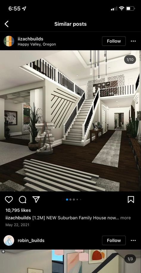 Modern Farmhouse Bloxburg House Ideas, Staircase Bloxburg Ideas, Bloxburg Black And White House, Porch Idea Bloxburg, Blocksburg Home Ideas, How To Make Custom Stairs In Bloxburg, Bloxburg Stairs Ideas Modern, Bloxburg Kitchen Ideas Modern Big, Bloxburg Modern Hallway