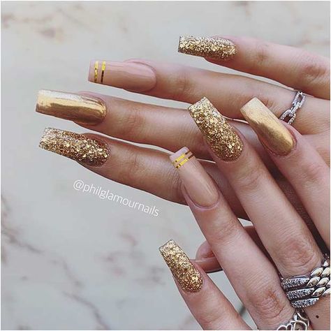 Nail Designs Gold, Golden Nails, Gold Nail Designs, Nails Gold, Trendy Nail Art Designs, February Nails, Gold Nail, Nail Designs Glitter, Uñas Acrilicas