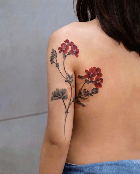 Birthmark Cover Up Tattoo, Red Geranium Tattoo, Bullfinch Tattoo, Lantana Tattoo, Geranium Flower Tattoo, Geraniums Tattoo, Scorpio Tattoo Ideas, Geranium Tattoo, Scorpio Female