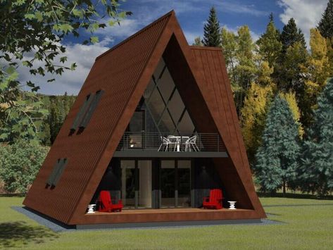 3 Bedroom A Frame House, Triangle House Plan, 3 Bedroom A Frame, House Plan Layout, Luxury Tiny Homes, A Frame Homes, A Frame Cabin Plans, Indoor Outdoor Fireplaces, A House Plan